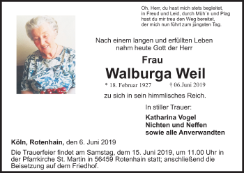 Anzeige von Walburga Weil von Kölner Stadt-Anzeiger / Kölnische Rundschau / Express