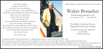 Anzeige von Walter Bonacker von Kölner Stadt-Anzeiger / Kölnische Rundschau / Express
