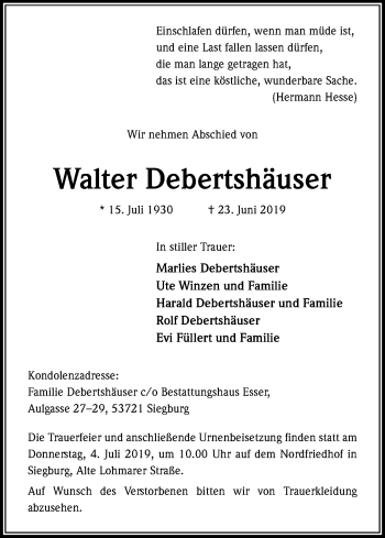 Anzeige von Walter Debertshäuser von Kölner Stadt-Anzeiger / Kölnische Rundschau / Express
