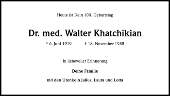 Anzeige von Walter Khatchikian von Kölner Stadt-Anzeiger / Kölnische Rundschau / Express