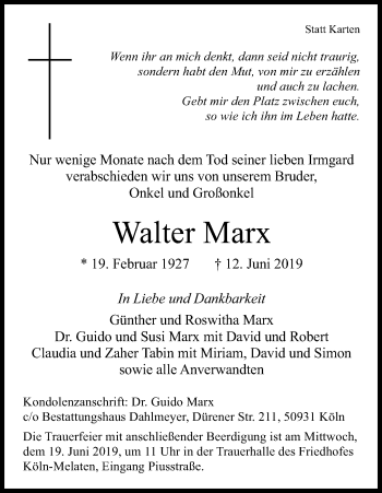 Anzeige von Walter Marx von Kölner Stadt-Anzeiger / Kölnische Rundschau / Express
