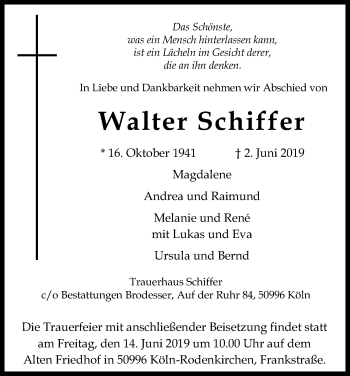 Anzeige von Walter Schiffer von Kölner Stadt-Anzeiger / Kölnische Rundschau / Express