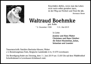 Anzeige von Waltraud Boehmke von Kölner Stadt-Anzeiger / Kölnische Rundschau / Express