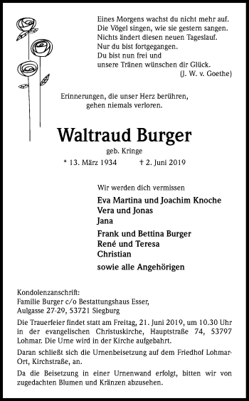 Anzeige von Waltraud Burger von Kölner Stadt-Anzeiger / Kölnische Rundschau / Express