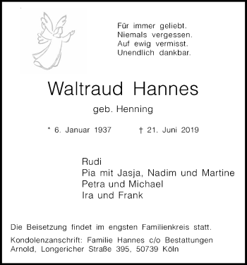 Anzeige von Waltraud Hannes von Kölner Stadt-Anzeiger / Kölnische Rundschau / Express