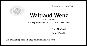 Anzeige von Waltraud Wenz von Kölner Stadt-Anzeiger / Kölnische Rundschau / Express