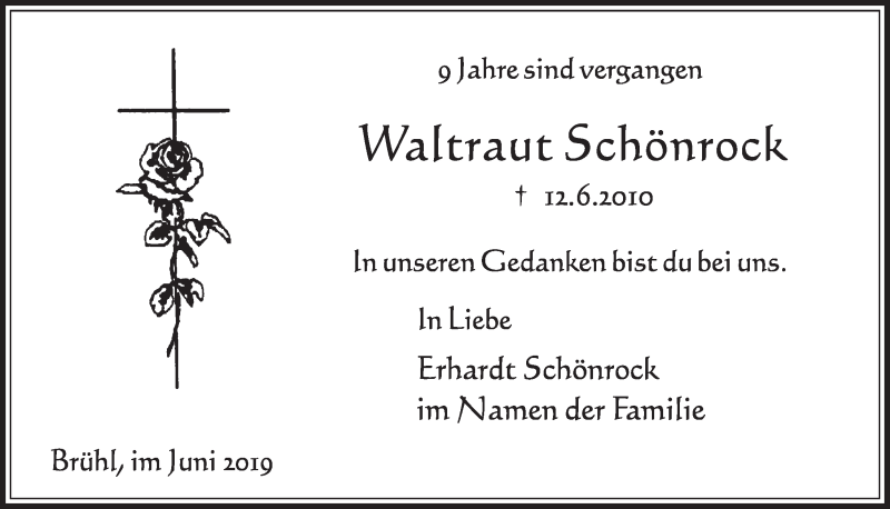  Traueranzeige für Waltraut Schönrock vom 12.06.2019 aus  Schlossbote/Werbekurier 