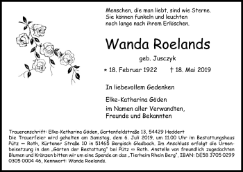 Anzeige von Wanda Roelands von Kölner Stadt-Anzeiger / Kölnische Rundschau / Express