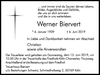 Anzeige von Werner Biervert von Kölner Stadt-Anzeiger / Kölnische Rundschau / Express