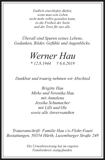 Anzeige von Werner Hau von  Wochenende 