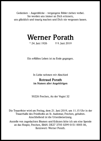 Anzeige von Werner Porath von Kölner Stadt-Anzeiger / Kölnische Rundschau / Express
