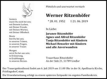 Anzeige von Werner Ritzenhöfer von Kölner Stadt-Anzeiger / Kölnische Rundschau / Express