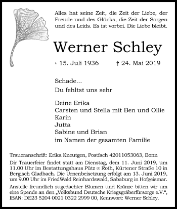 Anzeige von Werner Schley von Kölner Stadt-Anzeiger / Kölnische Rundschau / Express