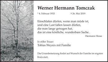 Anzeige von Werner Hermann Tomczak von  Wochenende 
