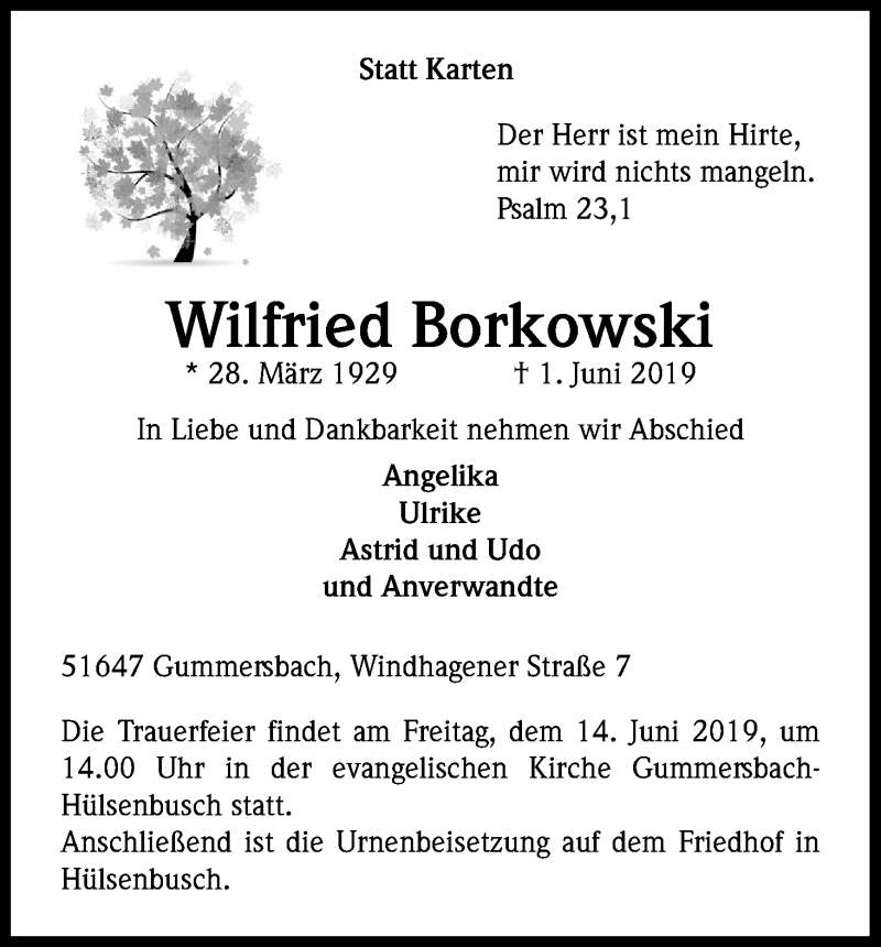  Traueranzeige für Wilfried Borkowski vom 07.06.2019 aus Kölner Stadt-Anzeiger / Kölnische Rundschau / Express