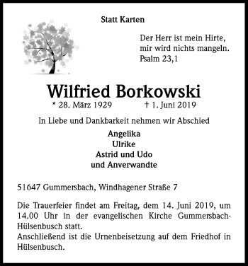 Anzeige von Wilfried Borkowski von Kölner Stadt-Anzeiger / Kölnische Rundschau / Express