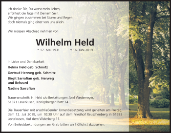 Anzeige von Wilhelm Held von Kölner Stadt-Anzeiger / Kölnische Rundschau / Express