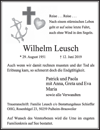 Anzeige von Wilhelm Leusch von  Sonntags-Post 