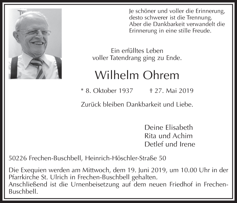  Traueranzeige für Wilhelm Ohrem vom 08.06.2019 aus  Sonntags-Post 