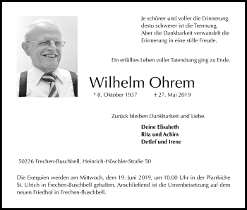 Anzeige von Wilhelm Ohrem von Kölner Stadt-Anzeiger / Kölnische Rundschau / Express