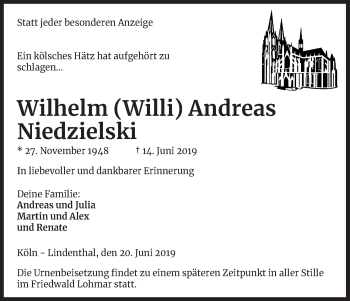 Anzeige von Wilhelm Andreas Niedzielski von Kölner Stadt-Anzeiger / Kölnische Rundschau / Express
