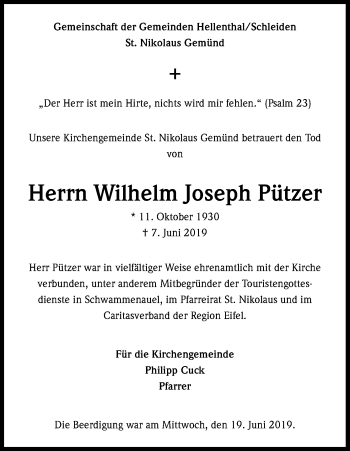 Anzeige von Wilhelm Joseph Pützer von Kölner Stadt-Anzeiger / Kölnische Rundschau / Express
