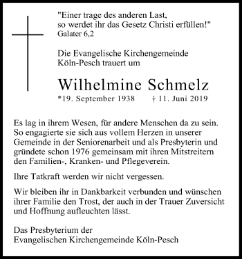 Anzeige von Wilhelmine Schmelz von Kölner Stadt-Anzeiger / Kölnische Rundschau / Express