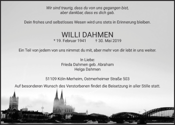 Anzeige von Willi Dahmen von  Kölner Wochenspiegel 