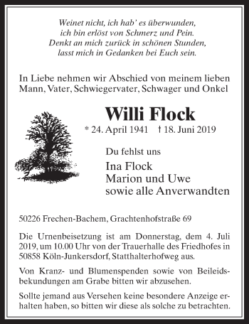 Anzeige von Willi Flock von  Wochenende 