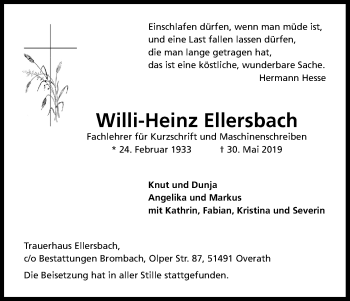 Anzeige von Willi-Heinz Ellersbach von Kölner Stadt-Anzeiger / Kölnische Rundschau / Express