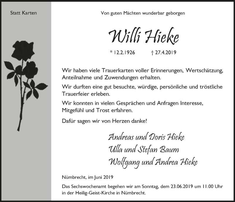  Traueranzeige für Willi Hieke vom 19.06.2019 aus  Anzeigen Echo  Lokalanzeiger 