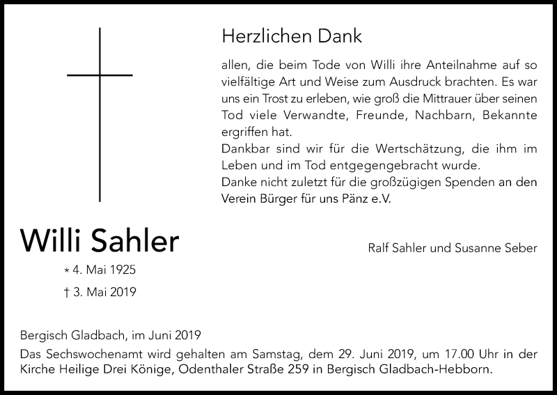  Traueranzeige für Willi Sahler vom 22.06.2019 aus Kölner Stadt-Anzeiger / Kölnische Rundschau / Express