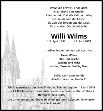 Anzeige von Willi Wilms von Kölner Stadt-Anzeiger / Kölnische Rundschau / Express