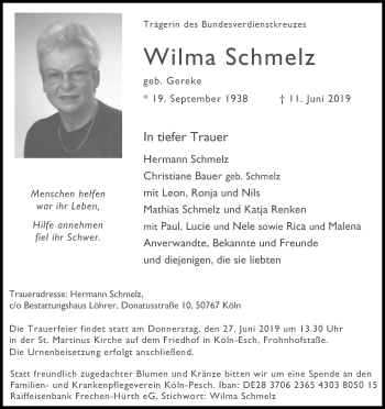 Anzeige von Wilma Schmelz von Kölner Stadt-Anzeiger / Kölnische Rundschau / Express