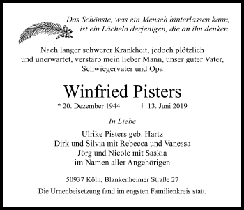 Anzeige von Winfried Pisters von Kölner Stadt-Anzeiger / Kölnische Rundschau / Express