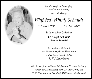 Anzeige von Winfried Schmidt von Kölner Stadt-Anzeiger / Kölnische Rundschau / Express