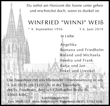 Anzeige von Winfried Weiß von Kölner Stadt-Anzeiger / Kölnische Rundschau / Express