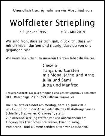 Anzeige von Wolfdieter Striepling von Kölner Stadt-Anzeiger / Kölnische Rundschau / Express