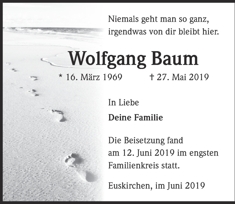  Traueranzeige für Wolfgang Baum vom 22.06.2019 aus  Blickpunkt Euskirchen 