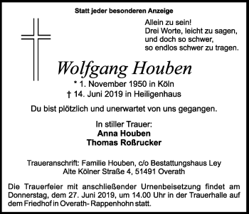 Anzeige von Wolfgang Houben von Kölner Stadt-Anzeiger / Kölnische Rundschau / Express