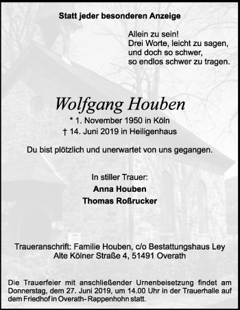 Anzeige von Wolfgang Houben von Kölner Stadt-Anzeiger / Kölnische Rundschau / Express