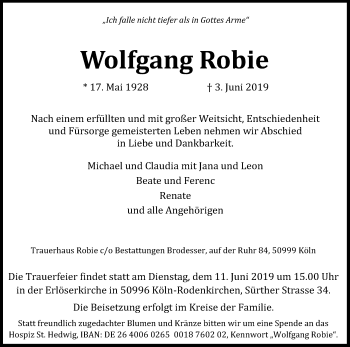 Anzeige von Wolfgang Robie von Kölner Stadt-Anzeiger / Kölnische Rundschau / Express