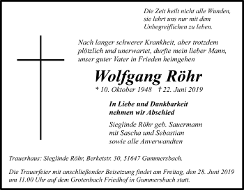 Anzeige von Wolfgang Röhr von Kölner Stadt-Anzeiger / Kölnische Rundschau / Express