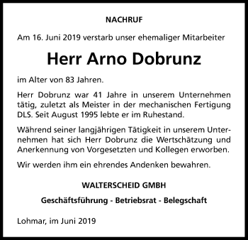 Anzeige von arno Dobrunz von Kölner Stadt-Anzeiger / Kölnische Rundschau / Express