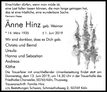 Anzeige von Änne Hinz von Kölner Stadt-Anzeiger / Kölnische Rundschau / Express