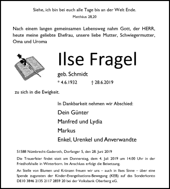 Anzeige von Ilse Fragel von Kölner Stadt-Anzeiger / Kölnische Rundschau / Express