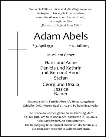 Anzeige von Adam Abels von Kölner Stadt-Anzeiger / Kölnische Rundschau / Express