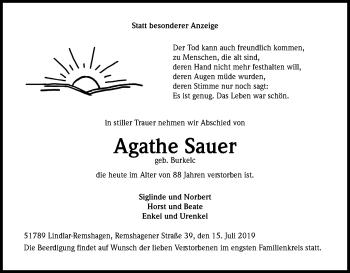 Anzeige von Agathe Sauer von Kölner Stadt-Anzeiger / Kölnische Rundschau / Express