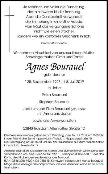 Anzeige von Agnes Bourauel von Kölner Stadt-Anzeiger / Kölnische Rundschau / Express