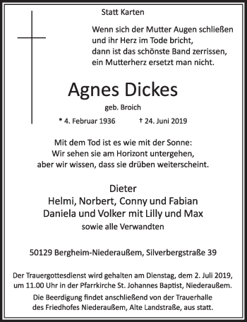 Anzeige von Agnes Dickes von  Sonntags-Post 